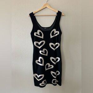Aster Knit Bodycon Black and Cream Hearts Tank Mini Dress Size L